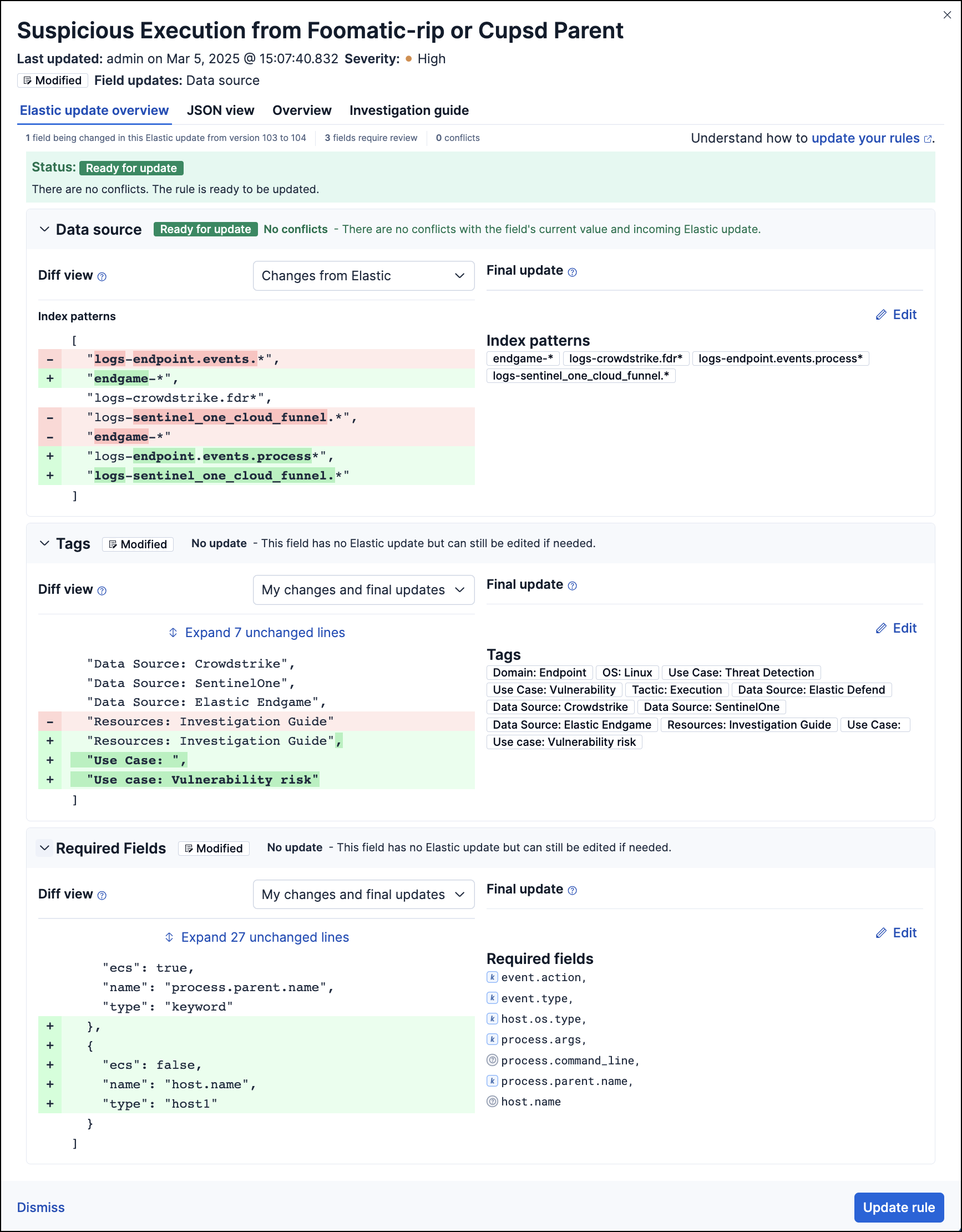 Prebuilt rule comparison with advanced options