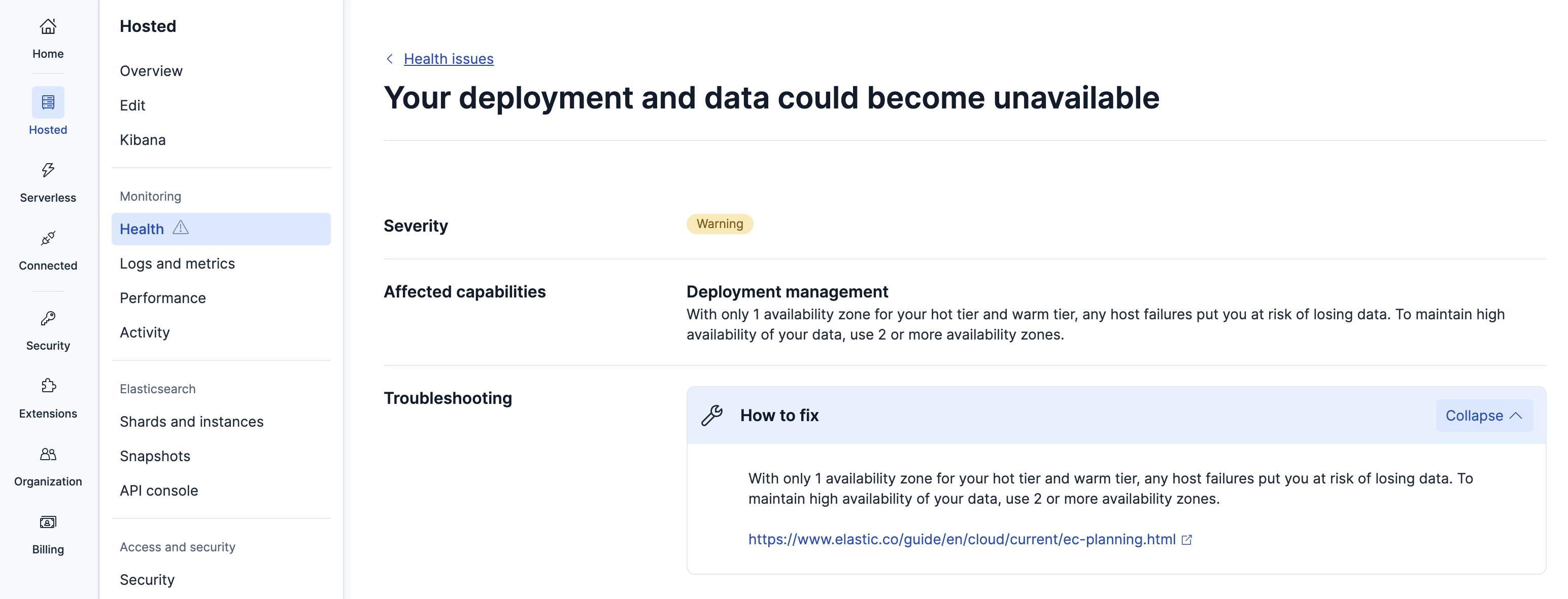 Elasticsearch Expanded health issue with details and troubleshooting