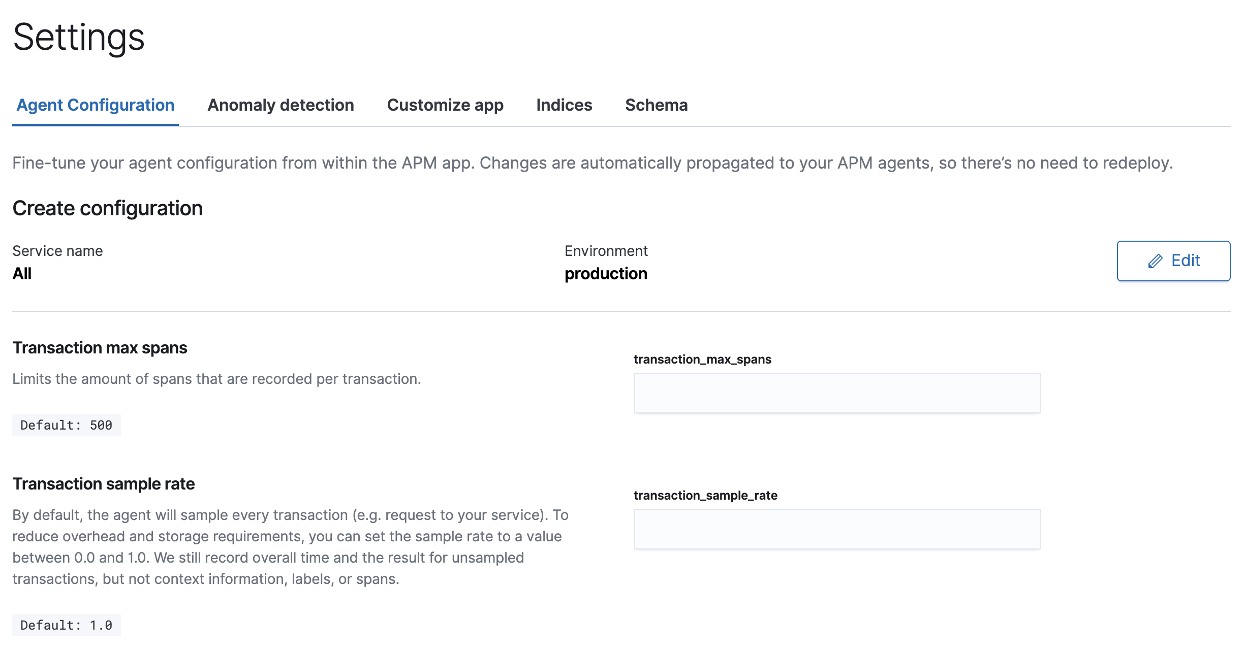 APM central configuration in Kibana
