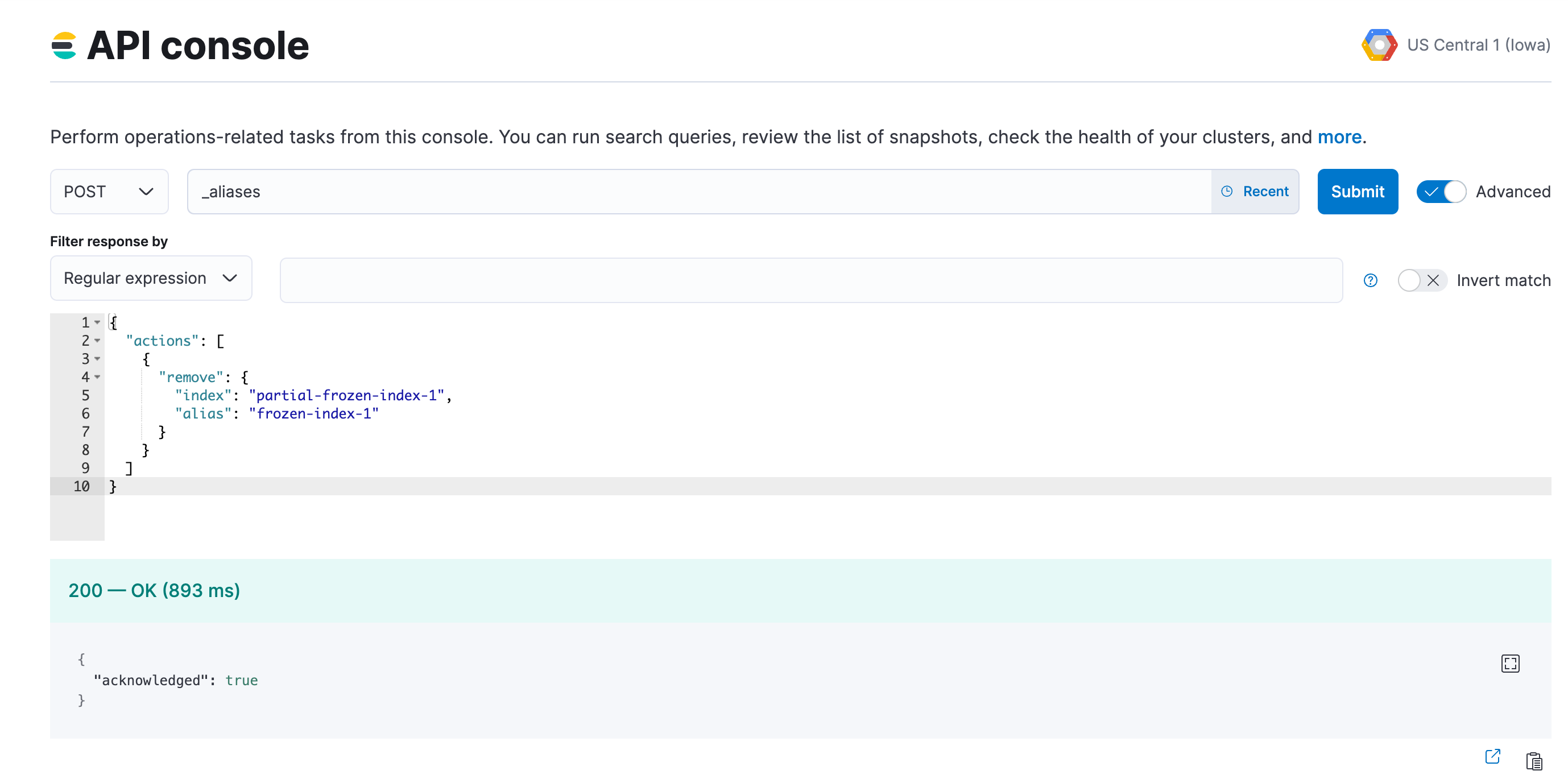 A screenshot showing the process of removing a searchable snapshot indice alias
