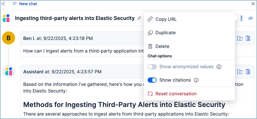 AI Assistant's chat options menu