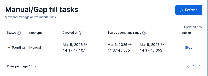 Manual rule runs table on the rule execution results tab