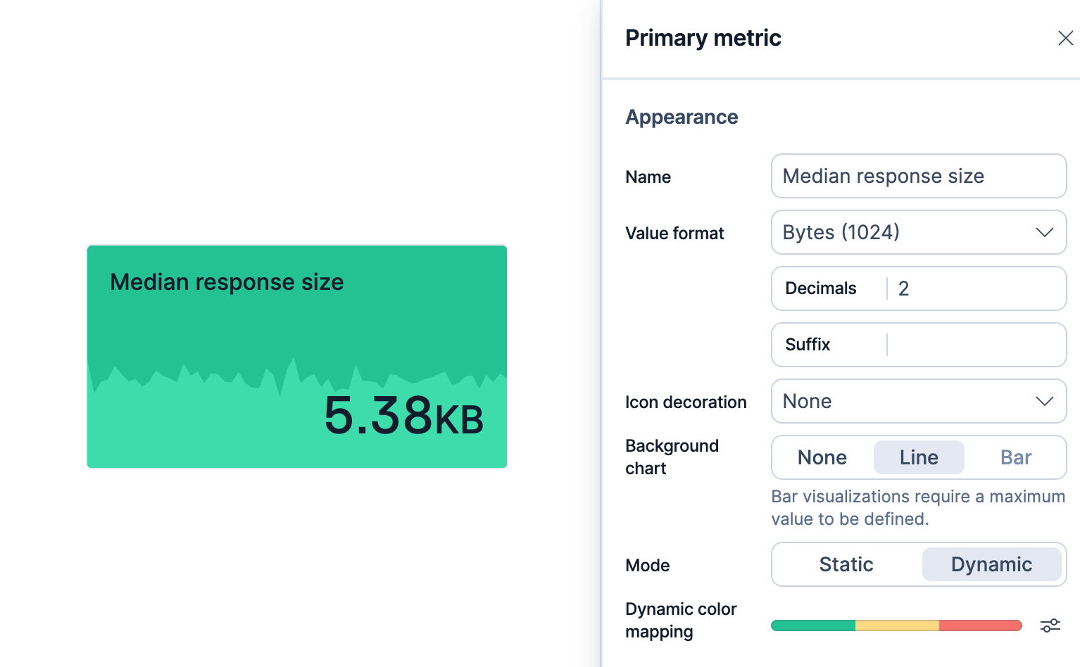 Lens editor showing a metric panel with median response size, background sparkline, and dynamic coloring
