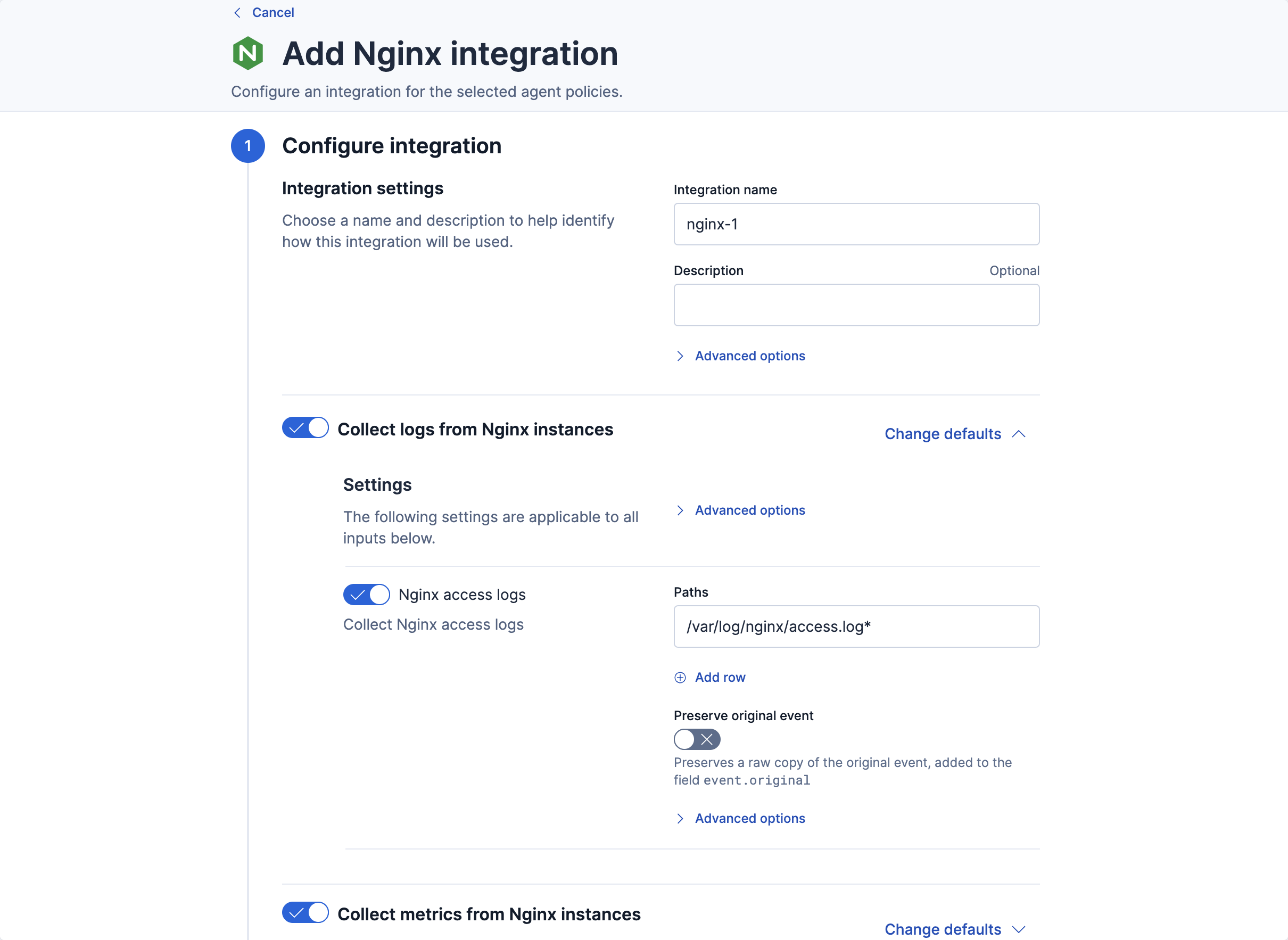 Add Nginx integration form with log collection settings