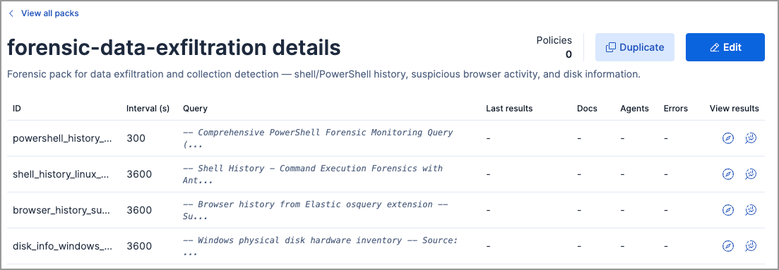 Shows queries in the pack and details about each query