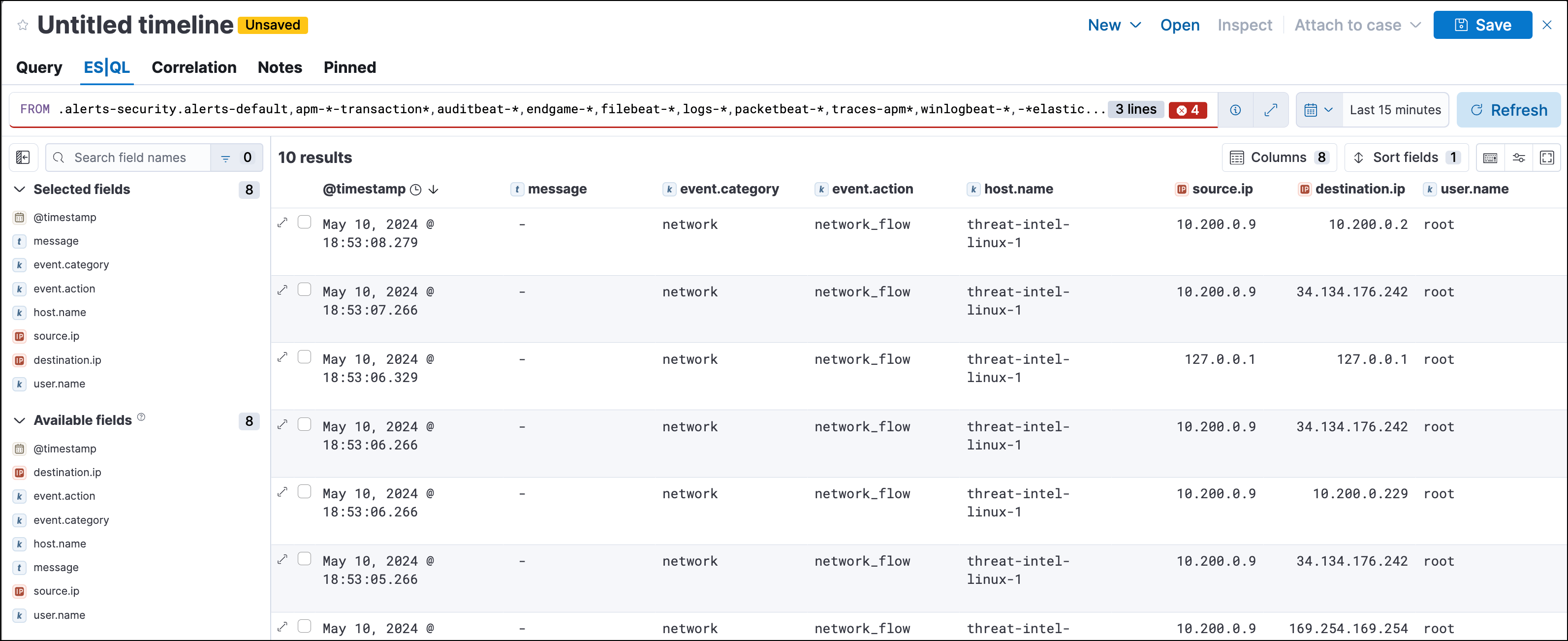 Example of the ES|QL tab in Timeline