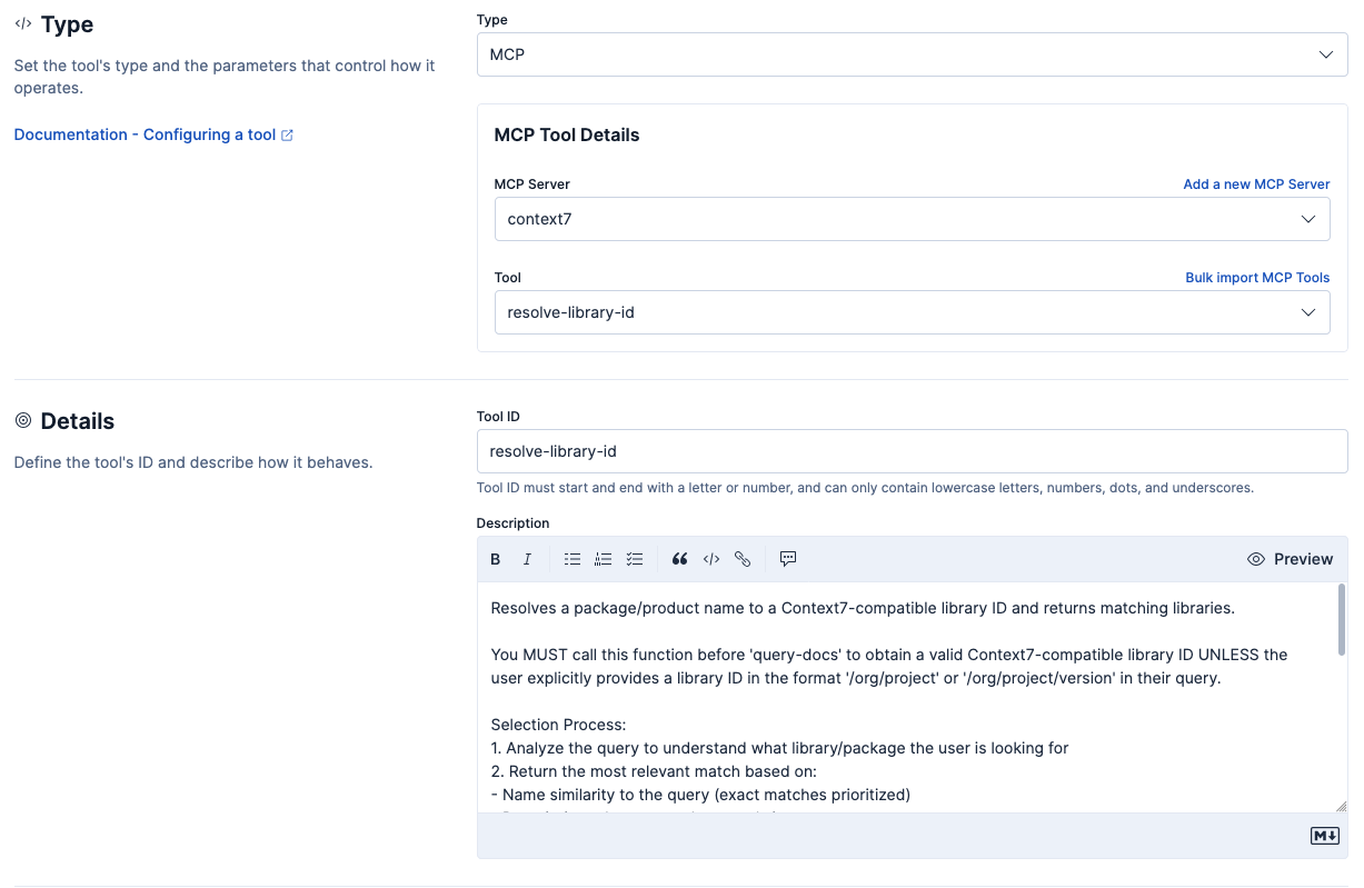 Example configuration for a new MCP tool with the Context7 MCP server.