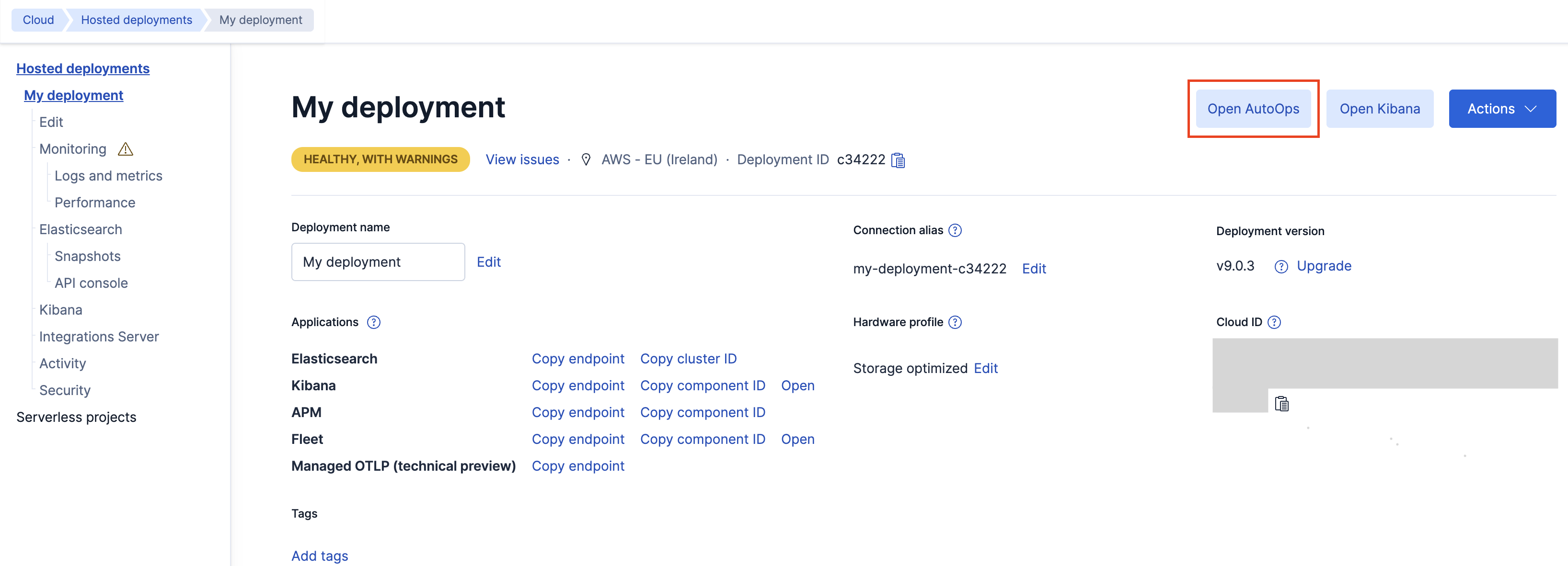 Screenshot showing the Open AutoOps button on the deployment overview page