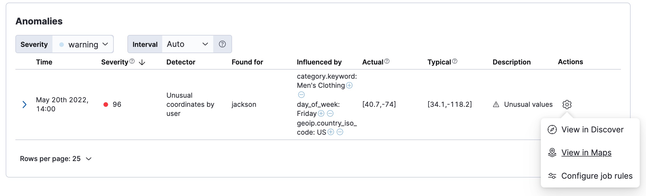 A screenshot of the anomaly table with the Action menu opened and the 