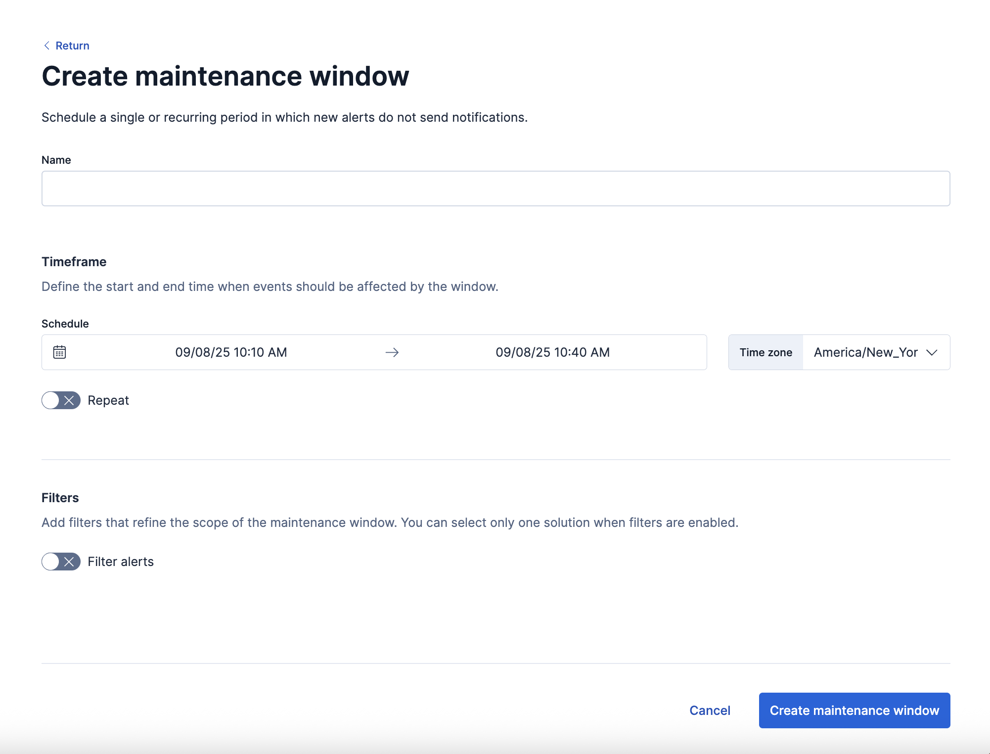 The Create Maintenance Window user interface in Kibana