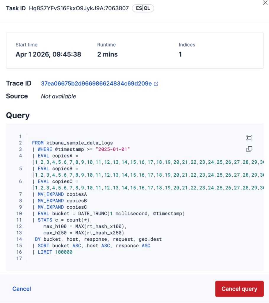 The query details flyout showing the task ID, query type, start time, runtime, indices count, trace ID, source, and full query text