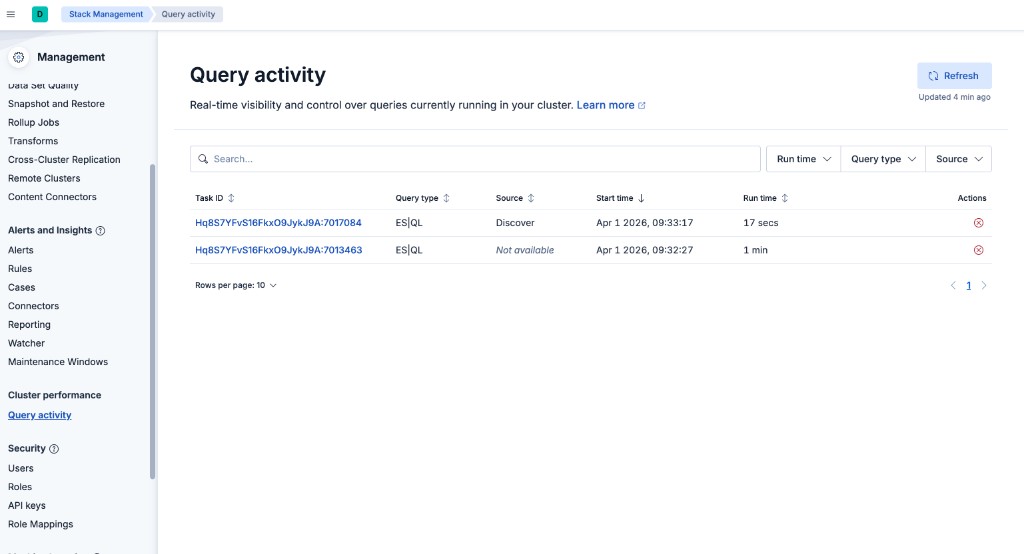 The Query activity page showing a list of running queries with their task ID, query type, source, start time, and run time
