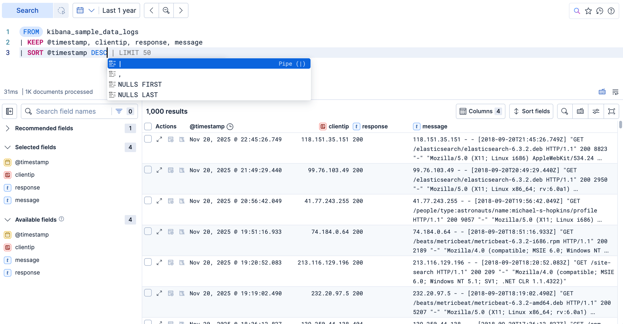 Discover showing an ES|QL query with results table and histogram