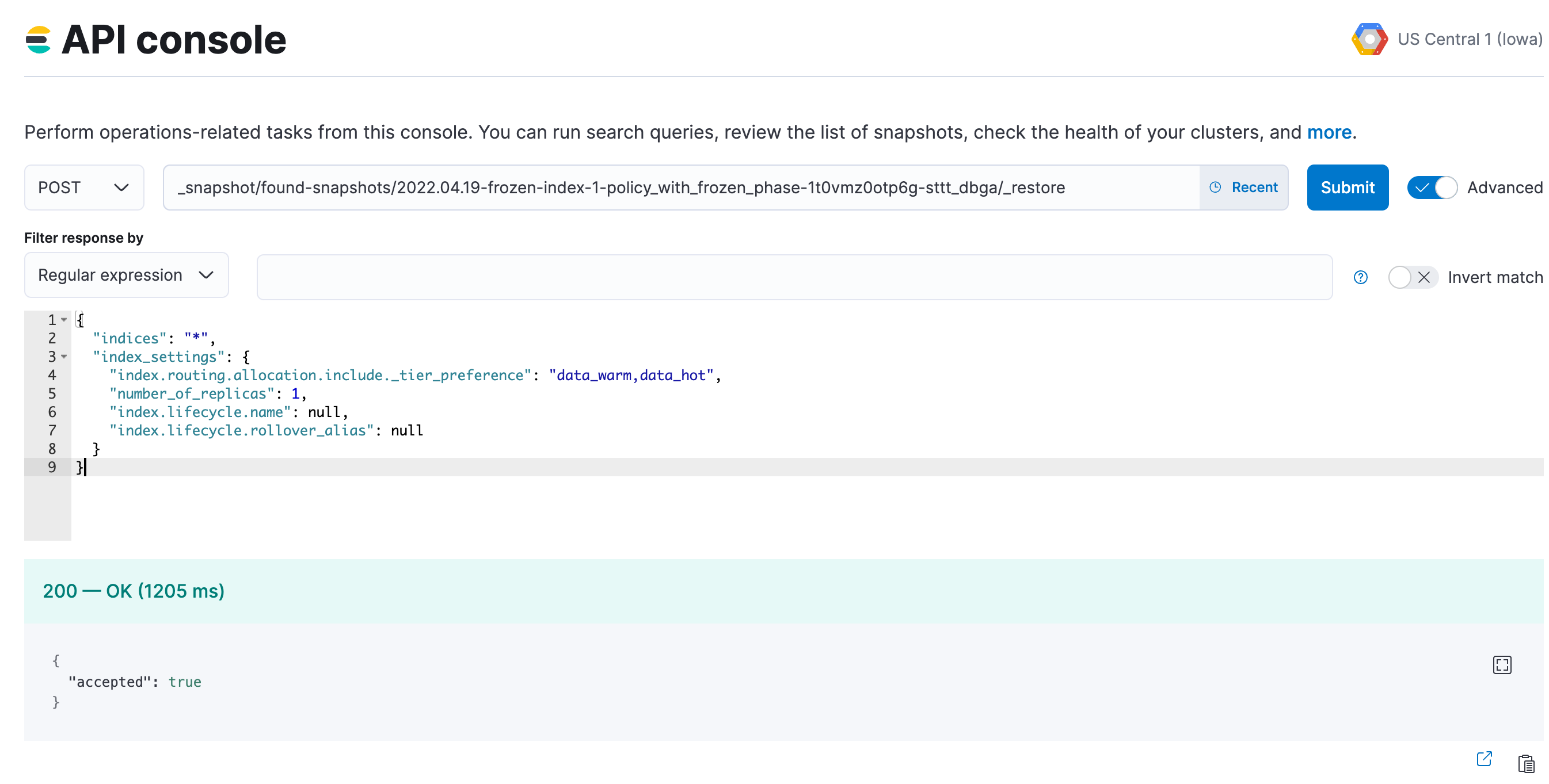 A screenshot showing the process of restoring a searchable snapshot to a regular index