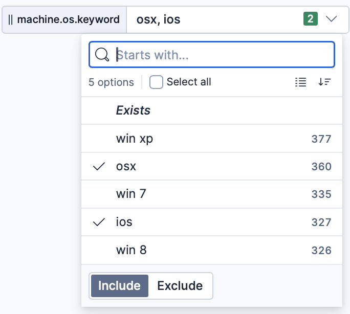 Options list control for the <code>machine.os.keyword</code> field with the <code>osx</code> and <code>ios</code> options selected