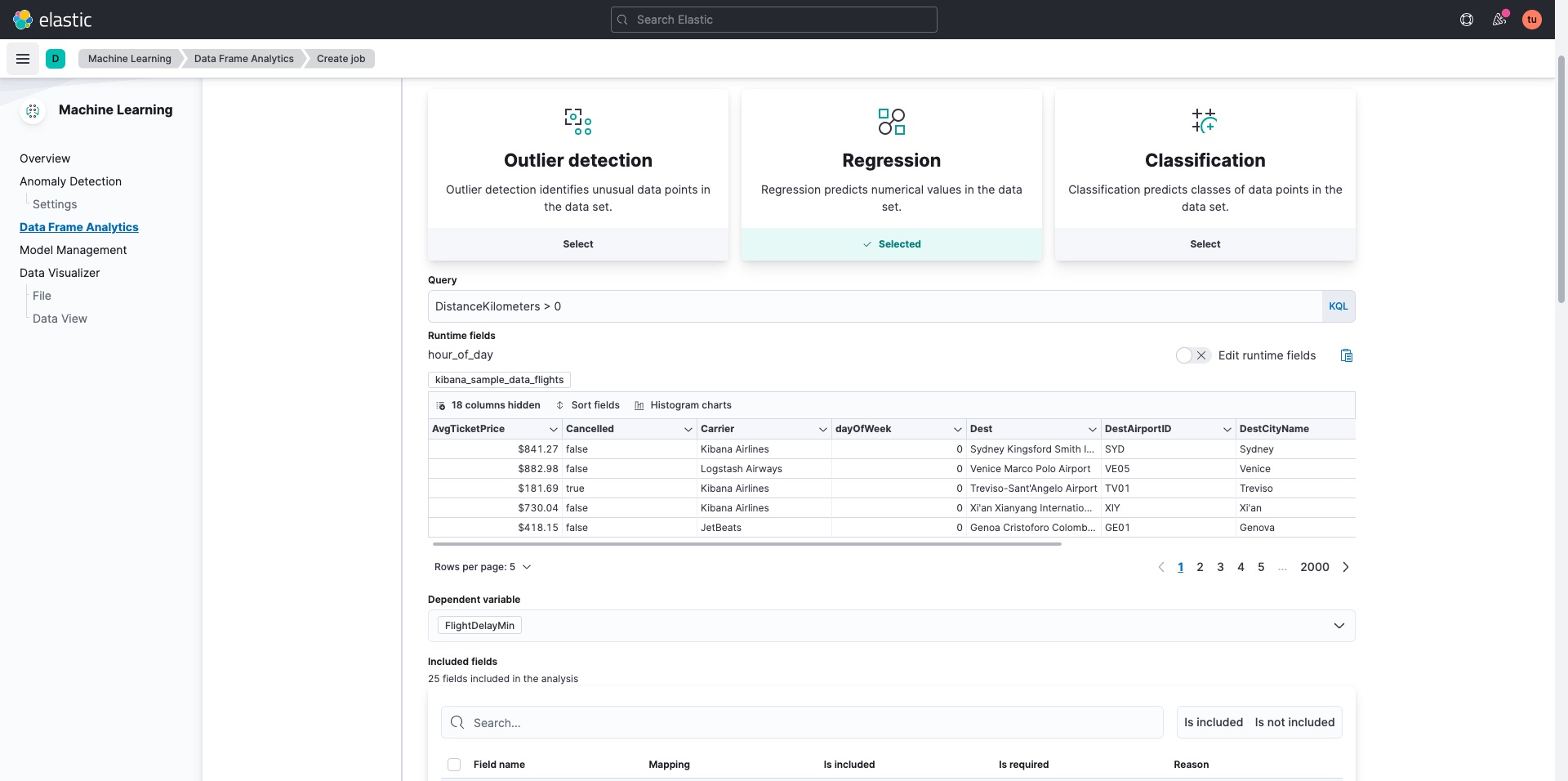Creating a data frame analytics analytics job in Kibana