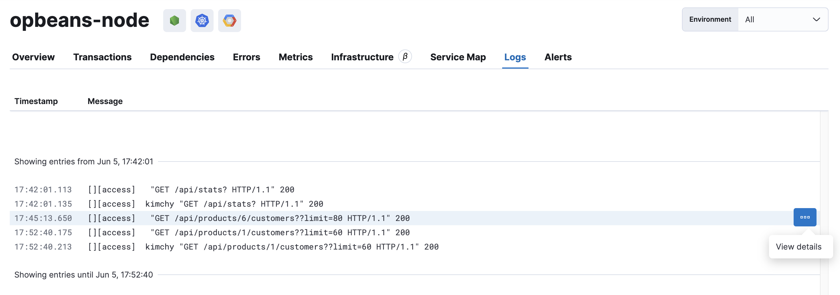 Example view of the Logs tab in Applications UI