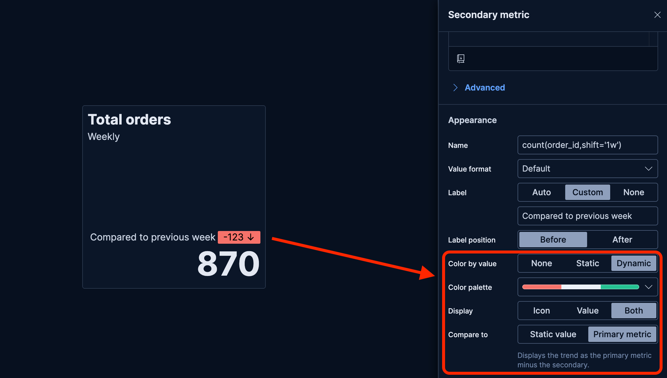 Dynamic coloring options for secondary metrics