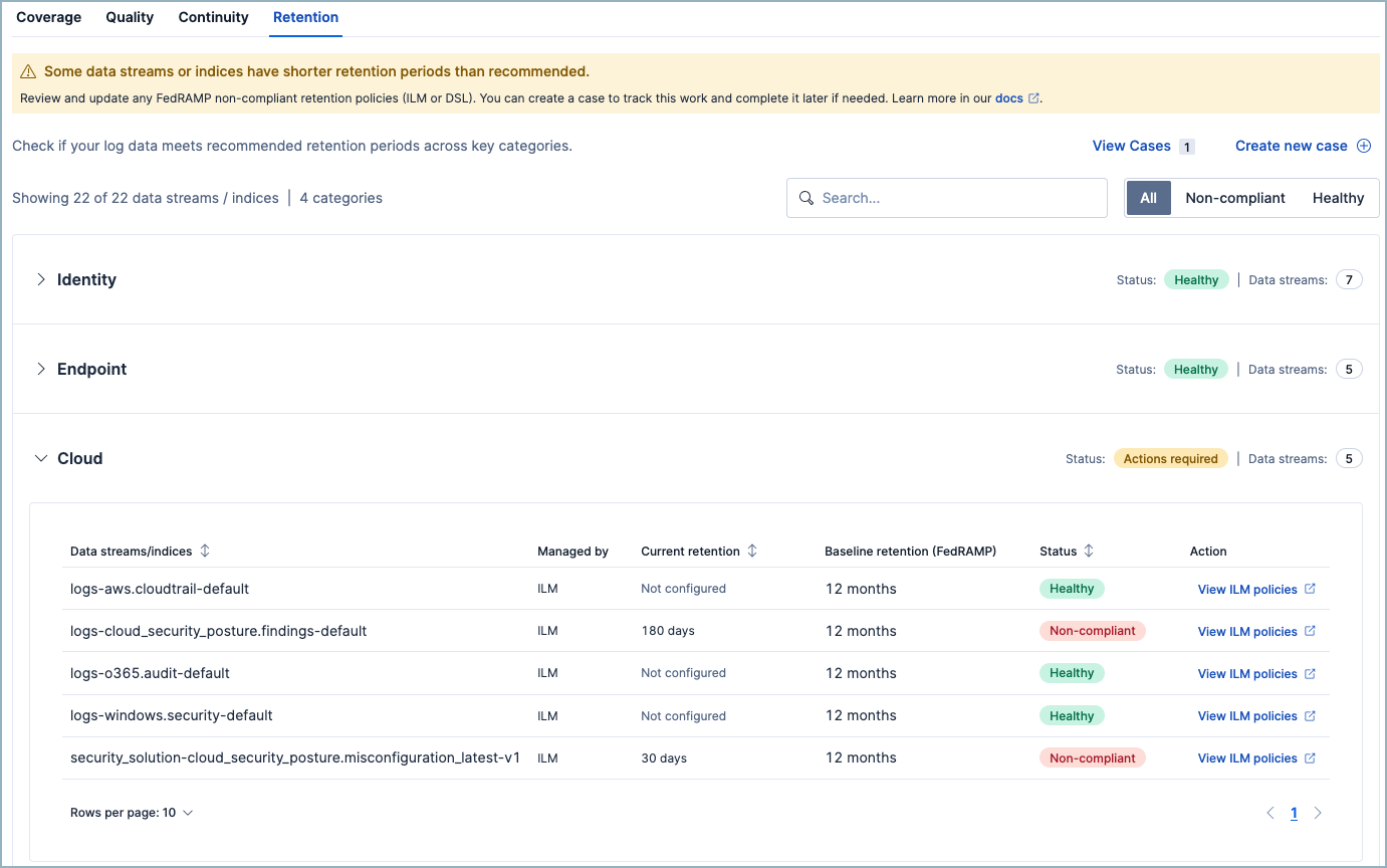 The SIEM Readiness page's Continuity tab
