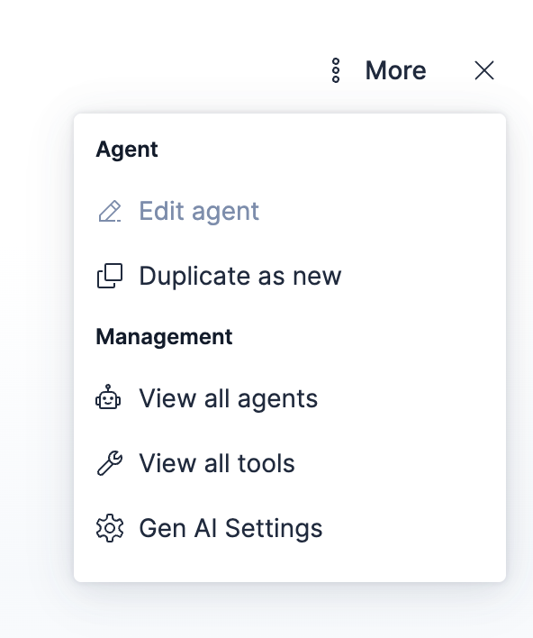 Options menu showing agent management, tool management, agent editing, and duplication