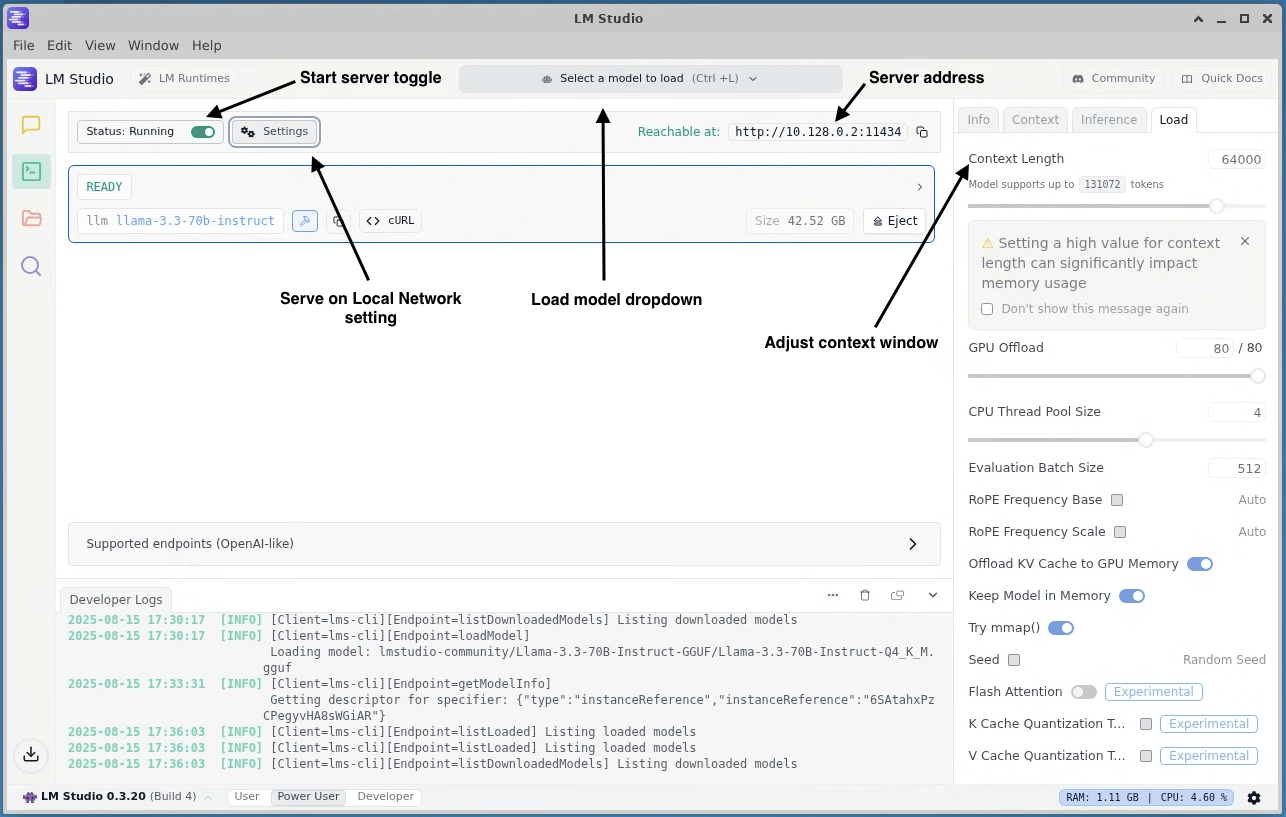 Loading a model in LM studio developer tab