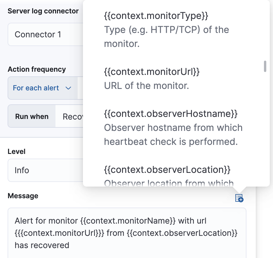 Default recovery message for monitor status rules with open 