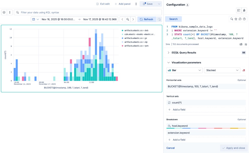Stacked bar chart of web log events over time, broken down by host and file extension