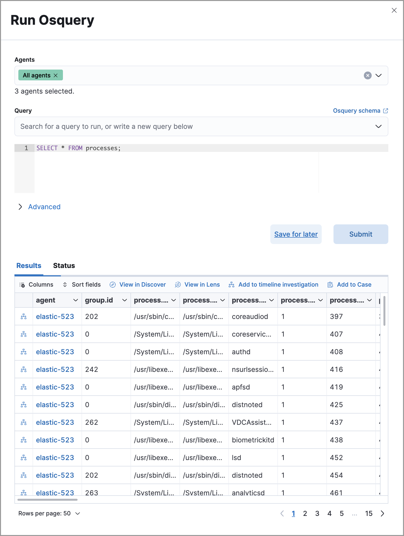 Results from running an Osquery query from an investigation guide