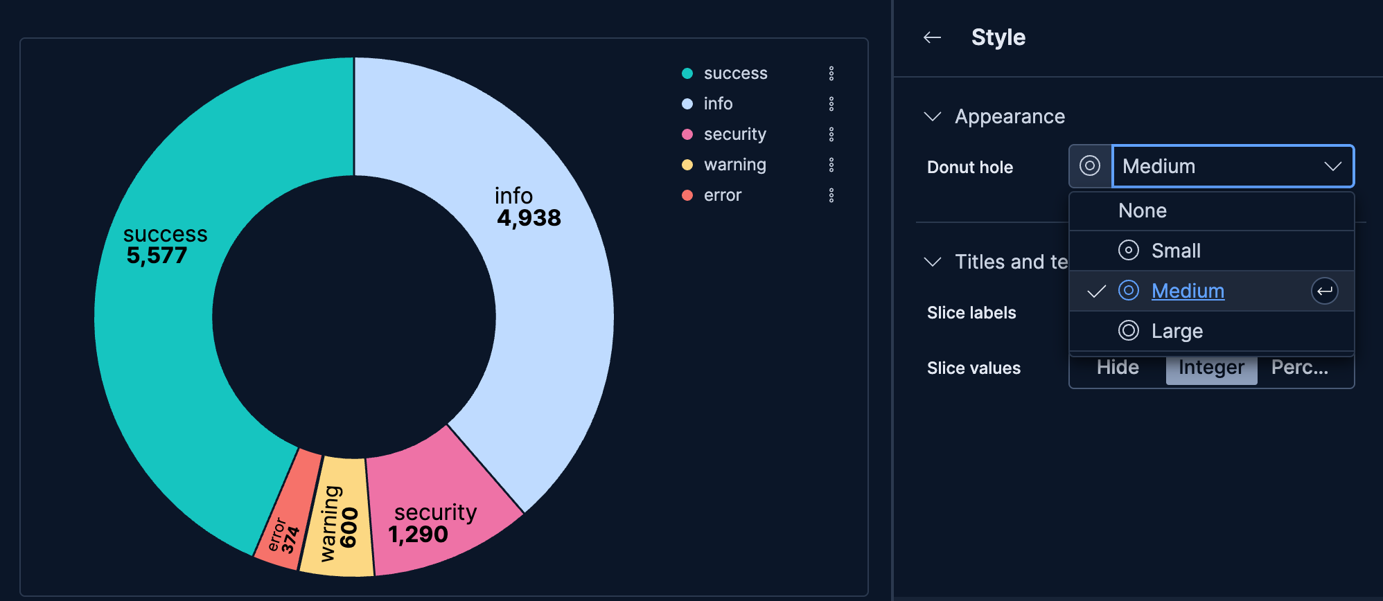 Setting the donut hole size in Pie chart Style settings