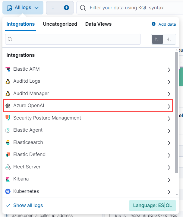 screenshot of the logs explorer data selector