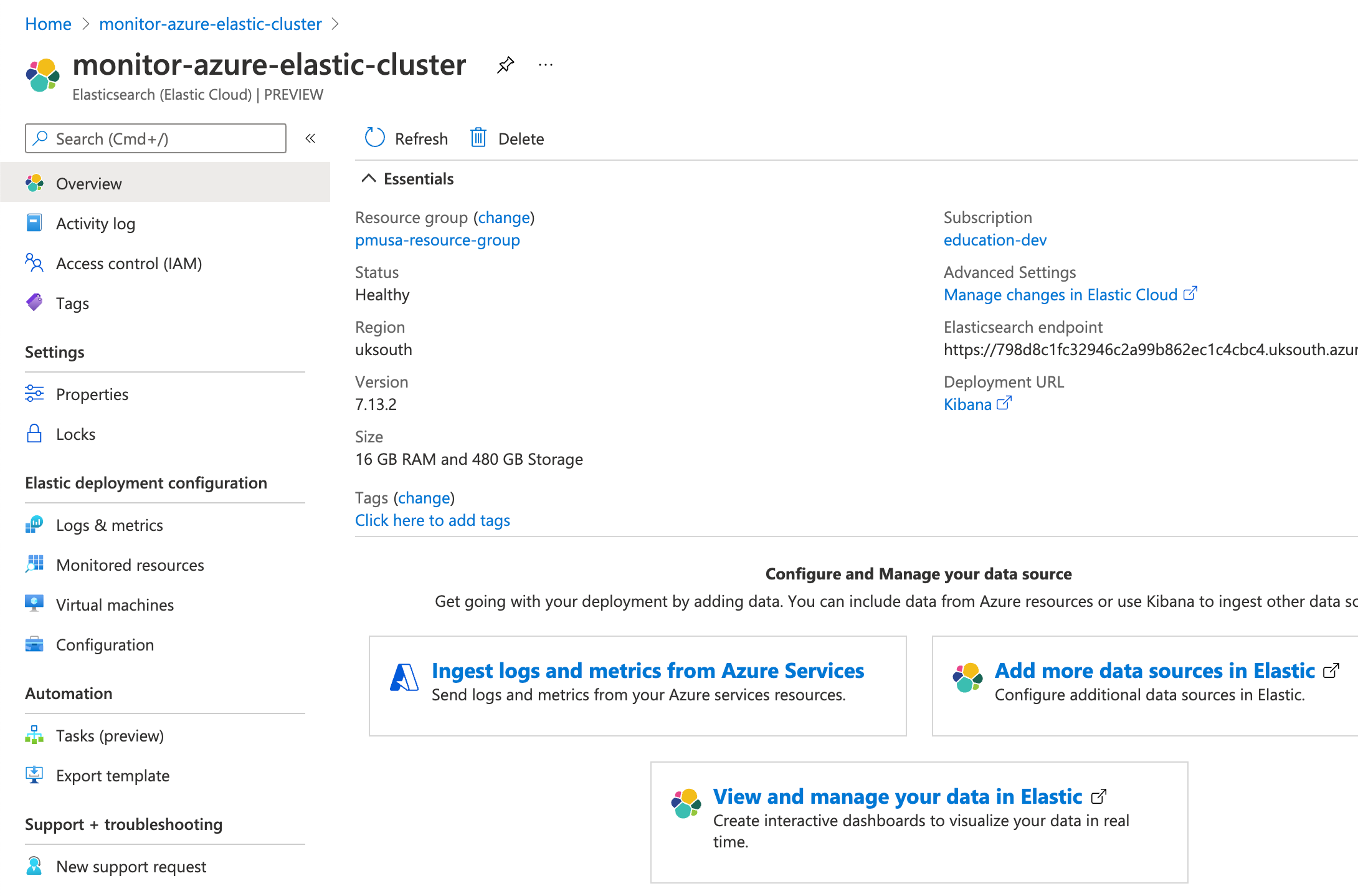 Click on Ingest logs and metrics from Azure Services