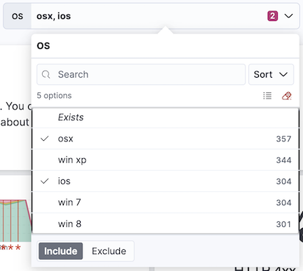 Options list control for the machine.os.keyword field with the osx and ios options selected