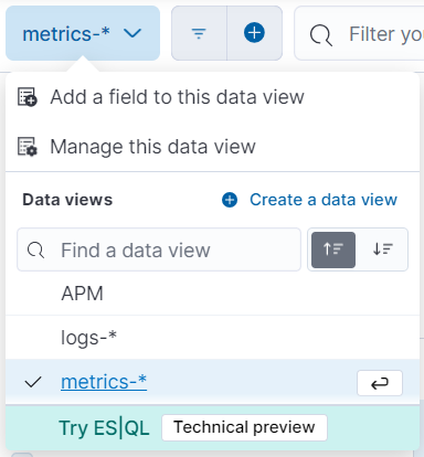 screenshot of the Discover data view dropdown