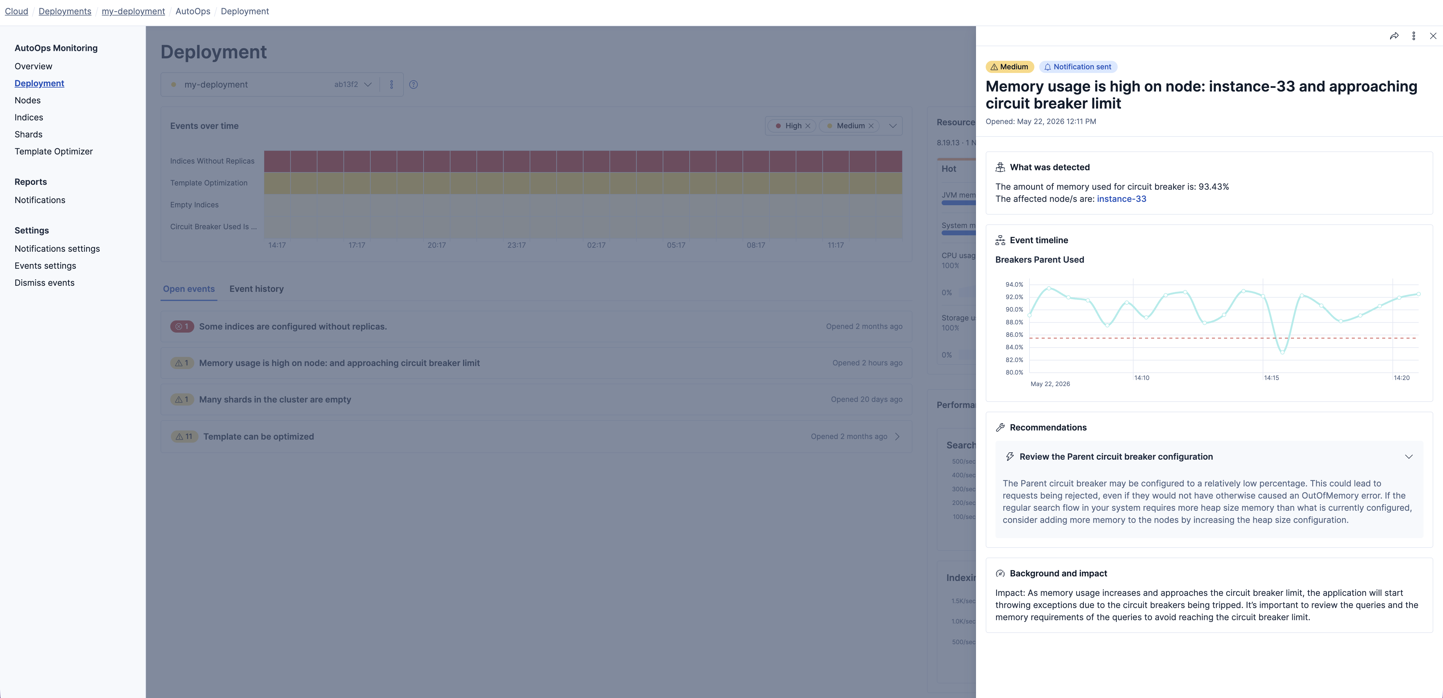 Screenshot showing an AutoOps event flyout