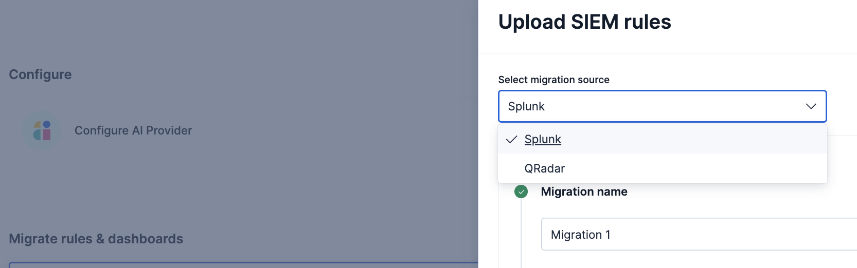 the Upload Splunk SIEM rules flyout