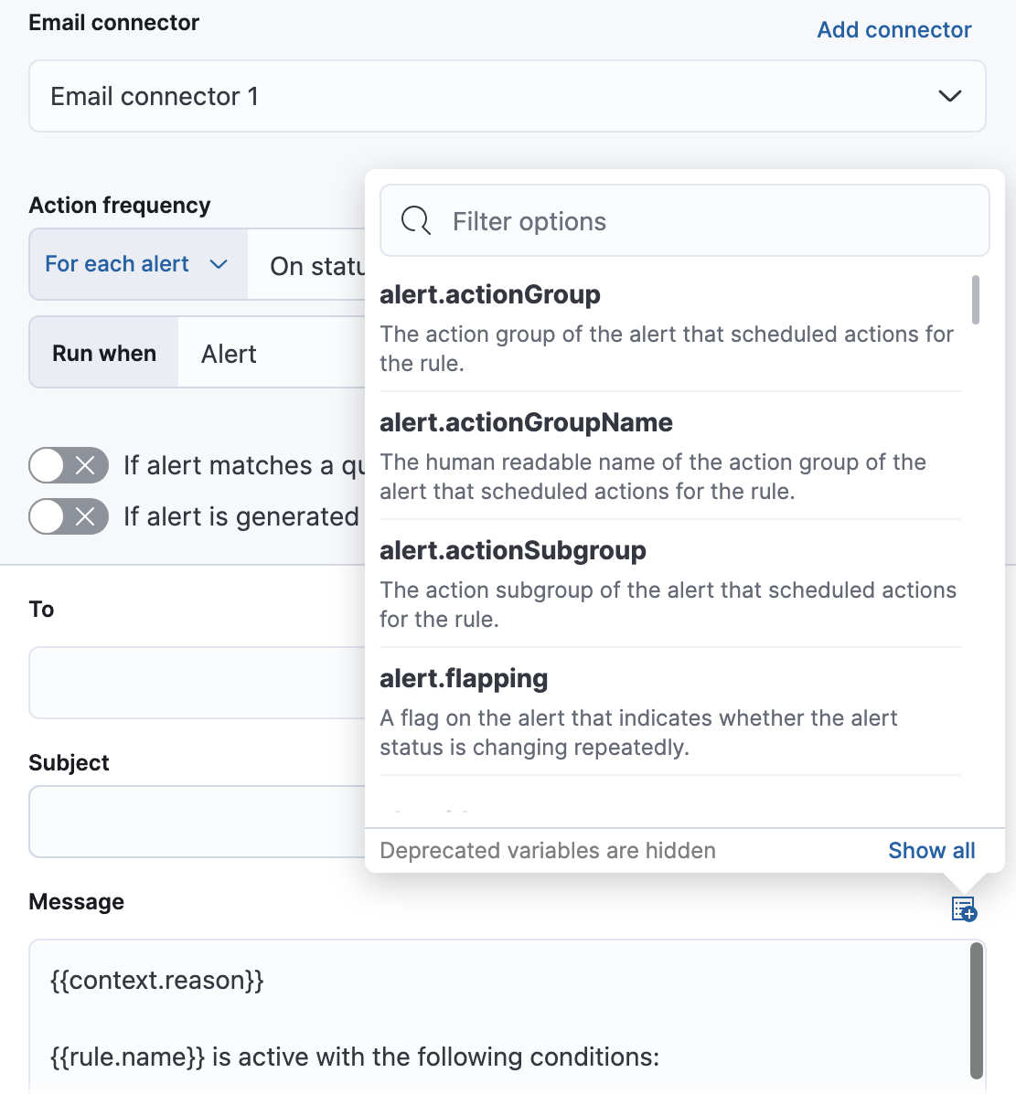 Default notification message for metric threshold rules with open 