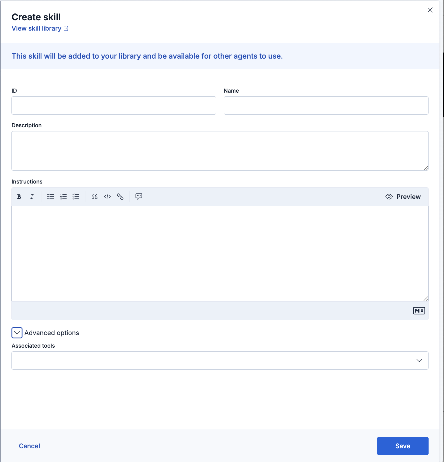 Create skill dialog showing fields for ID, Name, Description, Instructions, and Associated tools