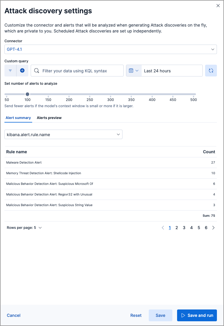 Attack Discovery's settings menu