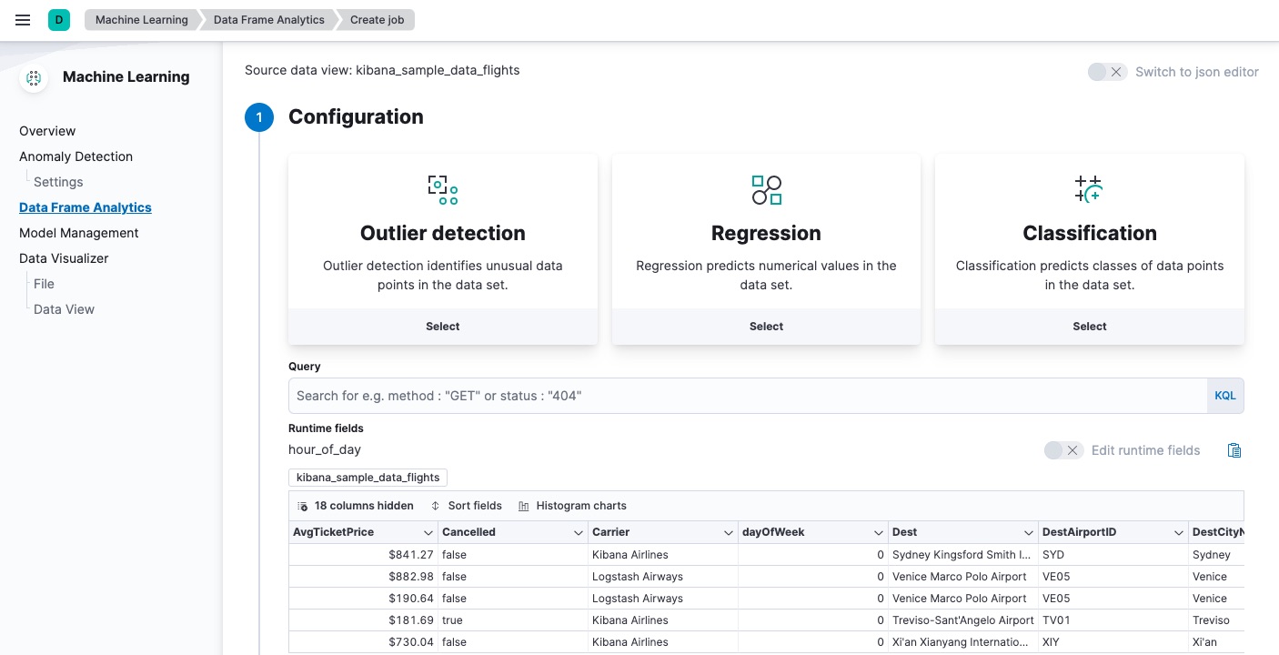 Creating a data frame analytics analytics job in Kibana