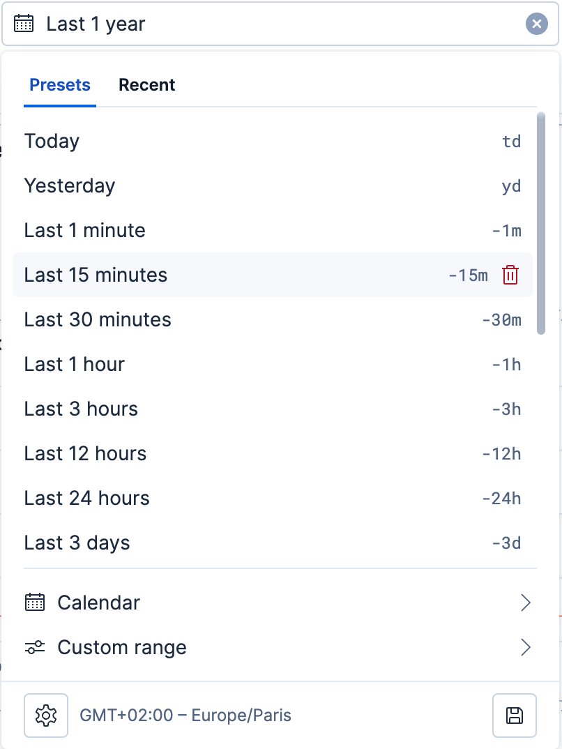 Time filter showing presets and controls for custom ranges, settings, and saving presets