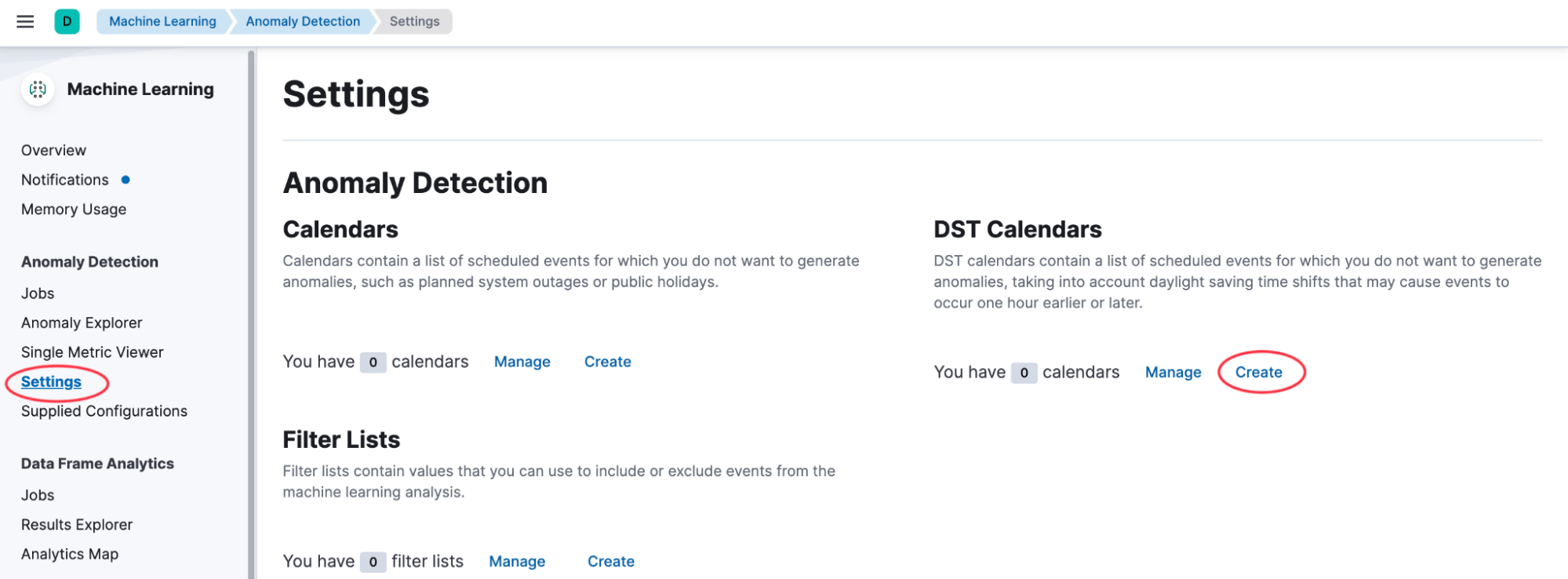 The Anomaly Detection Settings page with separate Calendars and DST Calendars panels