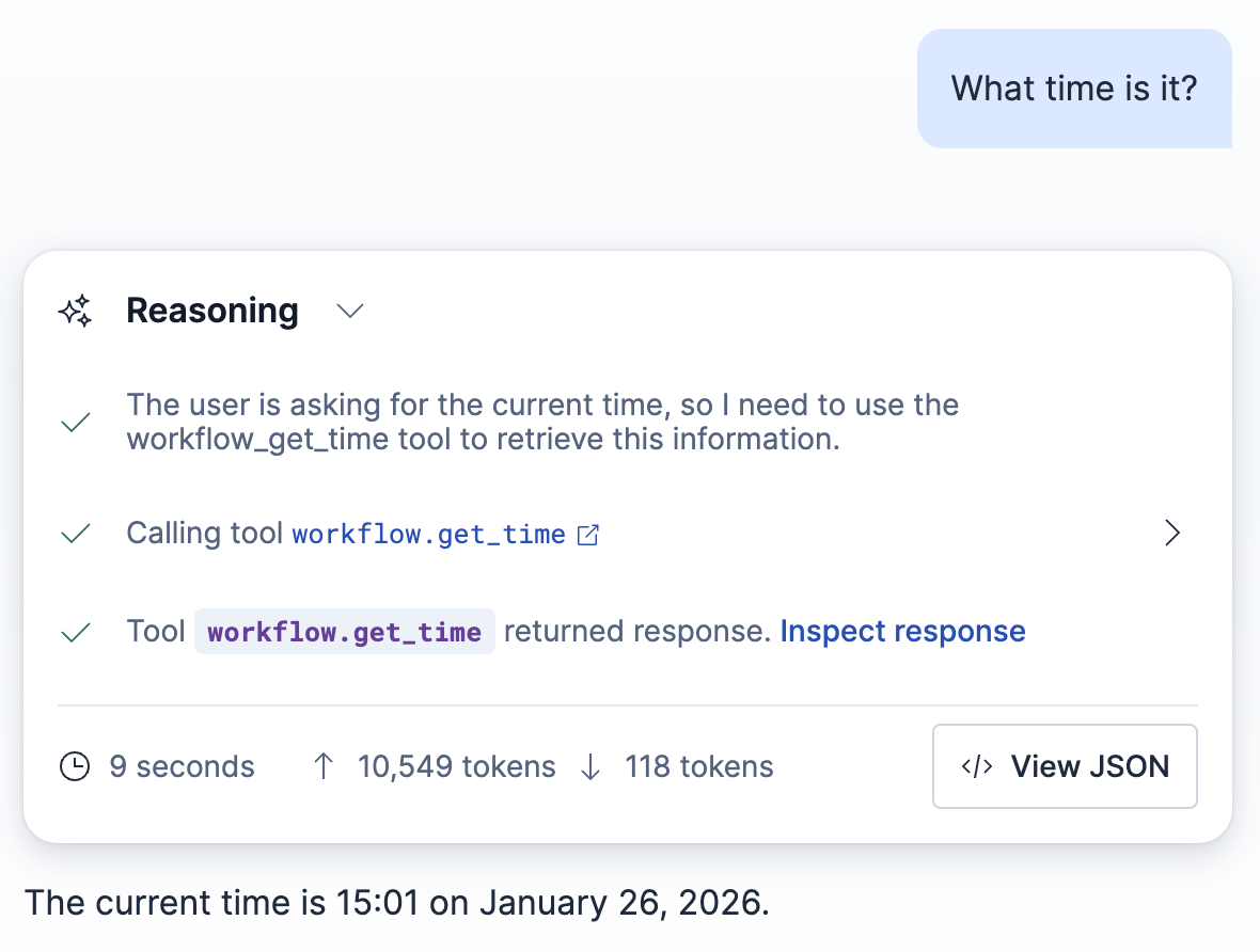 Inline reasoning events showing an Agent Builder workflow tool execution.