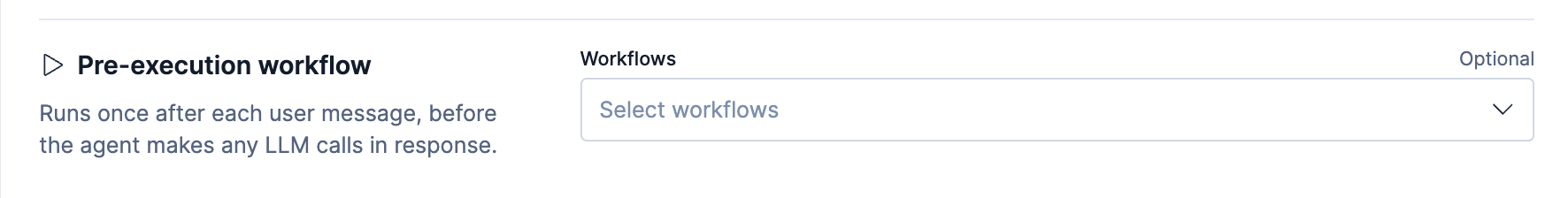 Edit agent settings flyout showing the Pre-execution workflow section with a workflow selector