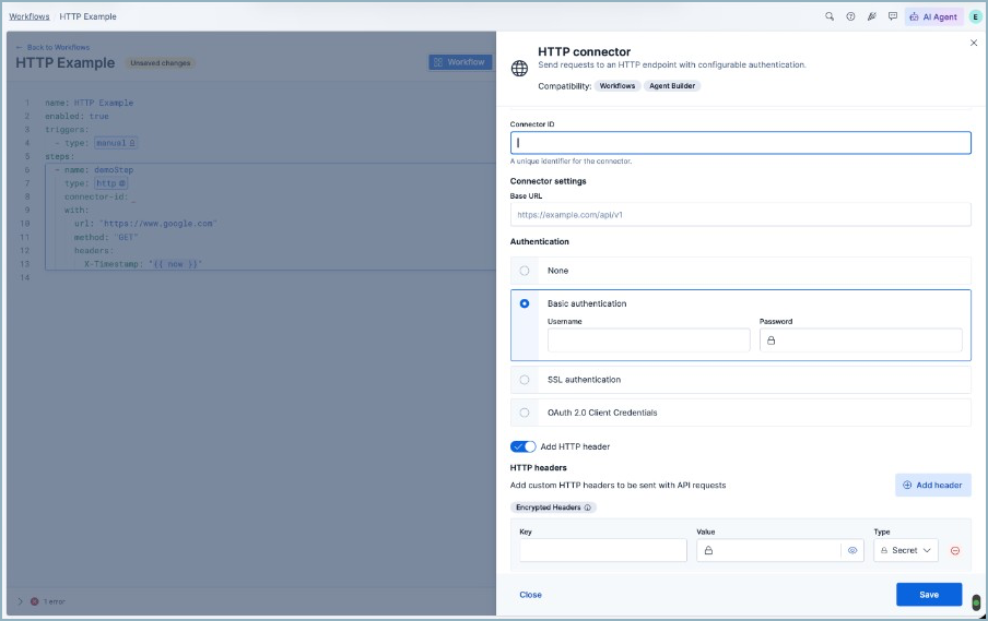 Configure an HTTP connector with authentication and encrypted headers Configure an HTTP connector with authentication and encrypted headers