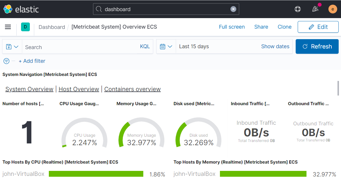 A screencapture of the Kibana dashboard named Metricbeat System Overview ECS A screencapture of the Kibana dashboard named Metricbeat System Overview ECS