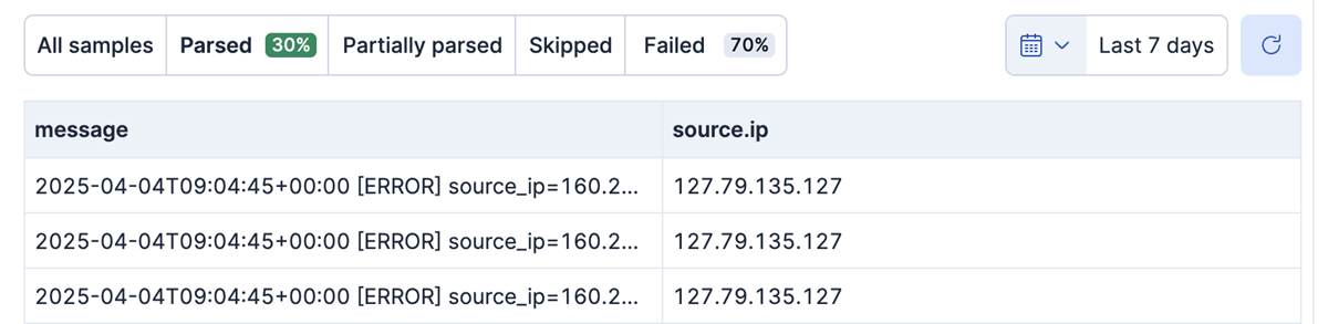 Data preview tab showing the percentage of parsed and failed documents
