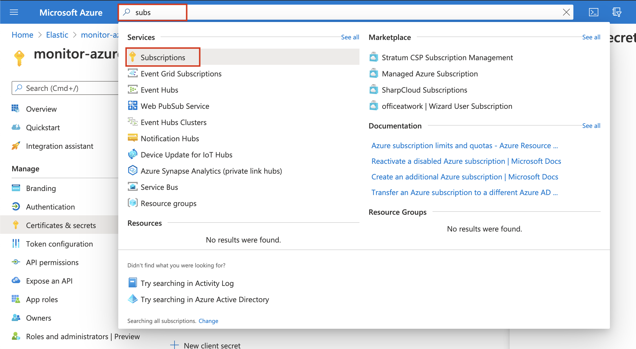 Search and click on Subscriptions Search and click on Subscriptions