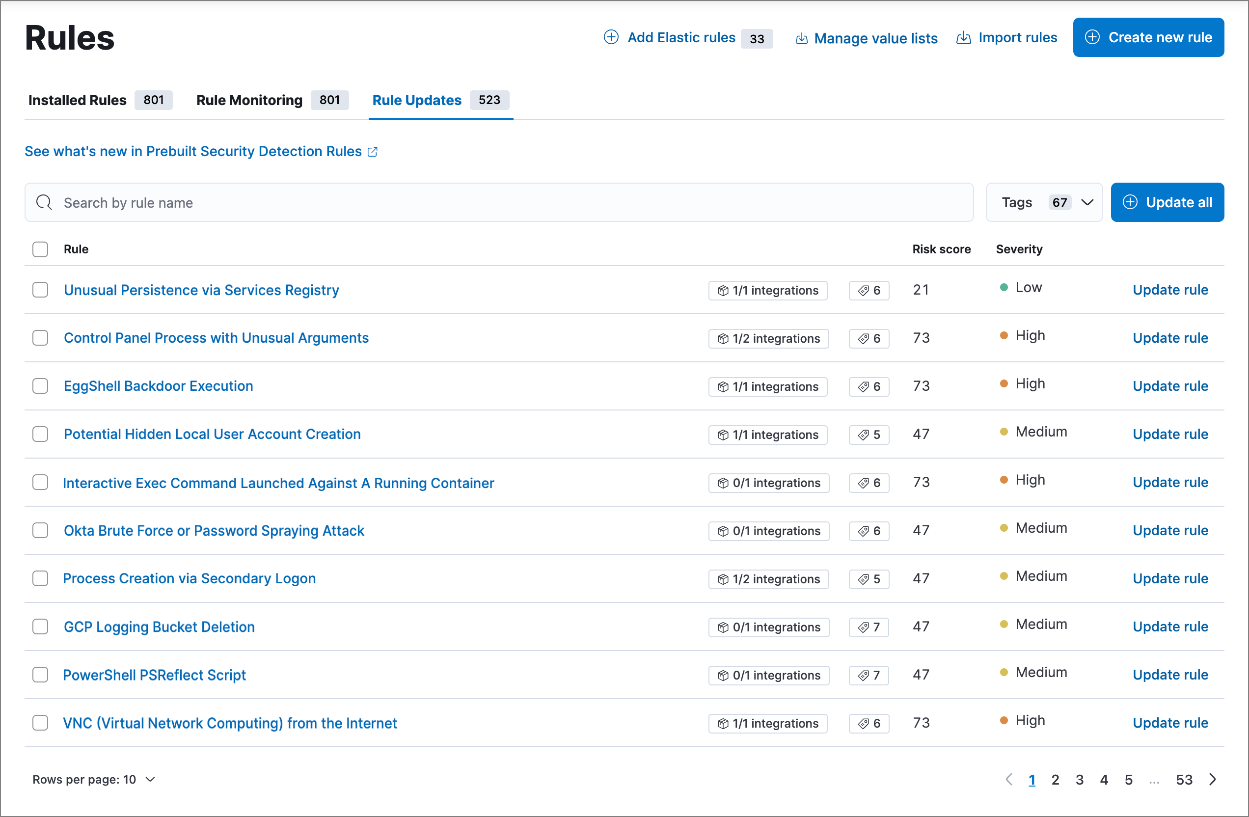 The Rule Updates tab on the Detection rules (SIEM) page