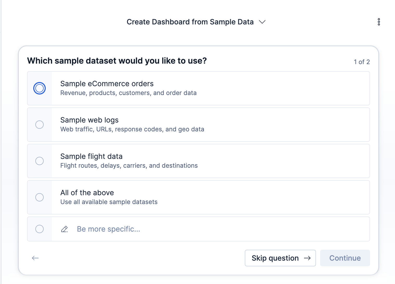 Clarifying question prompt showing multiple-choice options, a custom answer field, and a Skip question button