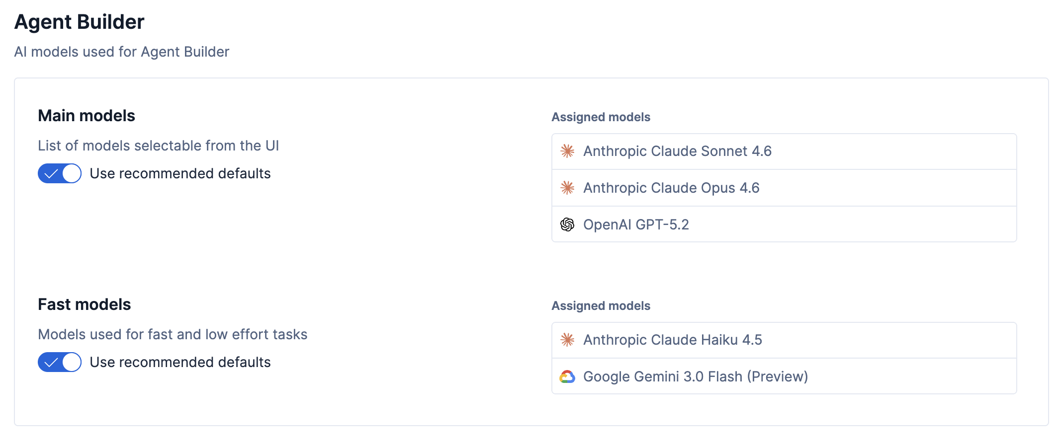 Main models and Fast models cards in the Agent Builder section of the Feature settings page